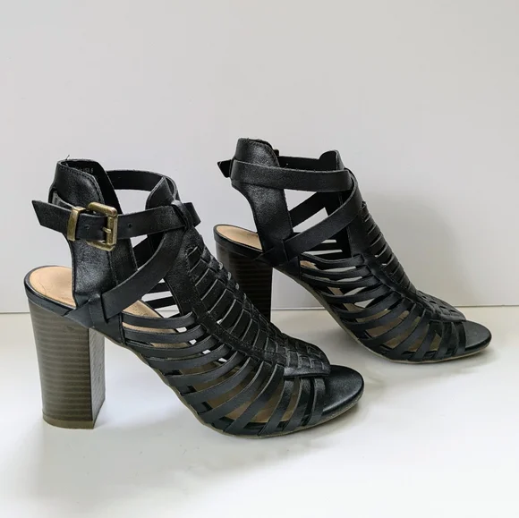 American Eagle Strappy Black Sandals Size 6 Like New 3 1/2" Heel Boho Summer - Picture 4 of 17